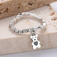 wholesale S925 Sterling Silver Retro Creative Style Cute Bear Pendant Elastic Design Ring Versatile Accessory for Women-1213J/approx. 1.9g Opening adjustable