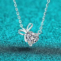 S925 Silver Moissanite Necklace with Bunny Ear Bow Heart Pendant-6.5mm zircon  925 silver