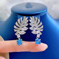 wholesale 925 Silver High-Carbon Diamond Earrings with Hand-Set 7*7 Aquamarine Princess-Cut Feather Drop Earrings-0-0