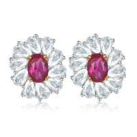 wholesale 925 Silver Daisy Ruby Zircon Flower Earrings Light Luxury European and American Retro Earrings-Platinum 925 silver