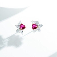 S925 Sterling Silver Synthetic Ruby Heart Stud Earrings-Red Corundum - ED126  925 Silver