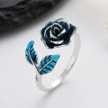 wholesale S925 Sterling Silver Vintage Bohemian Blue Enamel Rose and Leaf Design Open Adjustable Ring Elegant Style-0-2