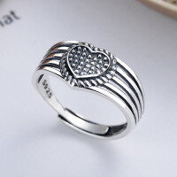 wholesale S925 Sterling Silver Retro Vintage Thai Silver Heart Multi-Layer Hollow-Out Trendy Ins Style Open Adjustable Ring-YFJ297/approx. 3.46g Adjustable opening