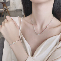 wholesale S925 sterling silver interlocking bamboo chain pearl necklace and bracelet set, fashionable and luxurious style versatile jewelry-510L/bracelet about 3.4g>925 silver