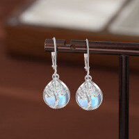 wholesale 925 Sterling Silver Moonstone Earrings for Women, Euro-American Luxury High-End Ear Drops, Amazon Cross-Border Tree of Life Ear Accessories-Silver 925 silver