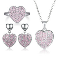 wholesale 925 Sterling Silver Jewelry Set with Pink Diamond Zirconia Ring, Heart Pendant Earrings, and 3D Heart Necklace for Women, High-End Feel-Necklace TLXL158 925 silver