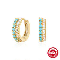 wholesale S925 Sterling Silver Double Row Mixed Color Diamond Inlaid Hoop Ear Clasp Earrings, Popular in Europe and America, Trendy INS Style-Gold-White Diamond+Turquoise 925 Silver