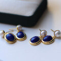 wholesale S925 silver with 18k gold plating, natural lapis lazuli pearl drop earrings, ethnic style popular women's earrings-0-2