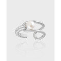 wholesale S925 Sterling Silver Geometric Openwork Inlaid Freshwater Pearl Opening Ring for Women, Korean Version Minimalist and Elegant-0-0
