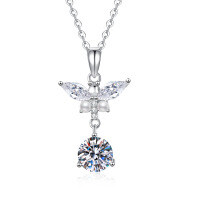 S925 Sterling Silver Moissanite Mini Pearl Butterfly Necklace Wholesale-6.5mm high-carbon stone  925 silver