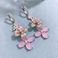 wholesale 925 silver floral pink crystal earrings set with 7*9 pink diamonds, women's stud earrings in sweet style-E194 Rose Quartz &gt; 925 Silver