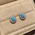 wholesale 925 Sterling Silver Light Luxury High-End Oval Blue Turquoise Brushed Necklace and Earrings Set for Women, Vintage Elegant Jewelry-0-3