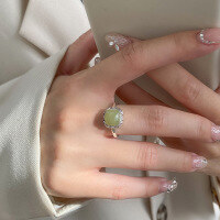 wholesale S925 Sterling Silver Fresh and Sweet Vintage Style Square Green Jade Ring R02686-S925 silver ring Adjustable opening