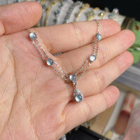 wholesale S925 Sterling Silver Icy Blue Teardrop Tassel Necklace, Light Luxury Exquisite Double Layer Aquamarine Overlay Chain Collarbone Chain, Niche Necklace-Platinum 925 silver