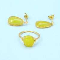 wholesale 925 Silver Japanese-style Light Jewelry Personality Chalcedony Earring and Ring Set, Simple and Elegant Natural Stone Accessories for Women-15#