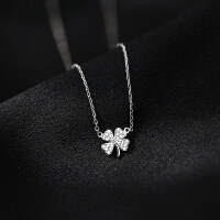 wholesale S925 Silver Four-Leaf Flower Necklace for Women, Korean-style Sweet Flower with Diamond Accents, Petite Collarbone Chain Necklace D8907-S925 silver necklace gold model 925 silver