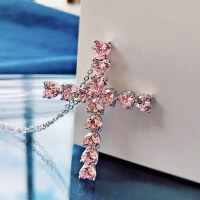 wholesale 925 Sterling Silver Europe and America 5*5 Heart-Shaped High-Carbon Diamond Cross Pendant Necklace for Women, Simple and Stylish Design-N027 Pink Diamond &gt;925 Silver