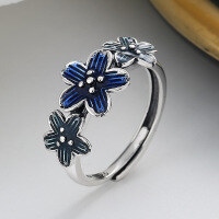 wholesale S925 Sterling Silver Retro Drip Glaze Blue Flower Ring, Fashionable and Versatile Unique Design Index Finger Ring-676J/approx. 2.8g Adjustable opening