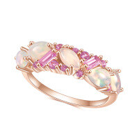 wholesale Rose gold plated S925 sterling silver with natural African opal ring, high-end luxury colored gemstone ring-S925 silver + natural opal + pink corundum  US size 5