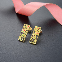 wholesale Gold-Plated Sterling Silver Rectangular Cuttlefish Earrings with Geometric Cut-Out Design, Unique Retro Style for Women-Gold square earrings with plastic ear plugs  925 silver