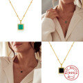 wholesale S925 Sterling Silver Square Natural Stone Pendant Necklace, Agate Malachite Women's Choker-0-3