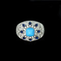 wholesale 925 Silver Gold-Plated Ring with High-Carbon Diamond, Blue Turquoise, Art Deco Style, Unique and Versatile Jewelry for Elegant Women-0-5