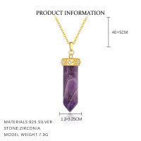 wholesale Metal Hexagonal Prism Moon Pendant Necklace For Women, Amazon Bestseller, Original Crystal Stone Wholesale-YA0469_Amethyst Crystal Column/White Zirconium_18K Yellow Plated 925 Silver