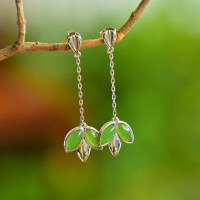 wholesale 925 Sterling Silver with Hetian Jasper Green Jade Long Leaf Earrings-Jasper Green Leaf Earrings 925 Silver