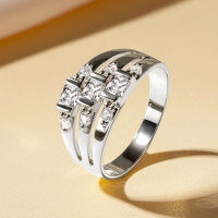 Zircon Geometric Design Three-Row Ring for Women, Light Luxury, Versatile Commuting Style-Three-row diamond ring [K white]  US$10
