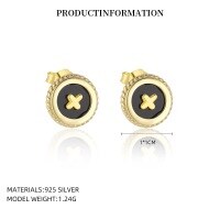 wholesale S925 Sterling Silver Round Vintage Button Earrings With Inlaid White Shell, Luxury Advanced Style, Cross-border Wholesale-YE0206_Black Agate_18K Yellow Plated_Pair_With Small Flower Ear Caps 925 Silver