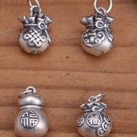 wholesale Sterling Silver S999, Thai Silver, Auspicious Knot Peace Lock, Fortune Character Coin, Fortune Bag Pendant, DIY Crystal Bracelet, Pure Silver Accessories-Chinese knot blessing bag (approximately 16*10.5*8.5 mm)