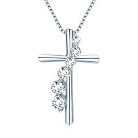 S925 Silver Cross Pendant with Pink Diamond and Sapphire Wholesale-[Cross] April (White)  925 Silver
