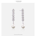 wholesale S925 sterling silver Korean-style vintage long zircon drop earrings with pearl accents, trendy and unique stud earrings-0-0