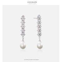 wholesale S925 sterling silver Korean-style vintage long zircon drop earrings with pearl accents, trendy and unique stud earrings-Platinum-003509>S925 silver