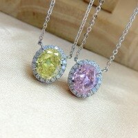 wholesale S925 sterling silver high-end ice-cut oval diamond pendant with a luxurious and romantic yellow-pink necklace, factory direct-9*11 Pink Ice Flower Cut Necklace>925 Silver