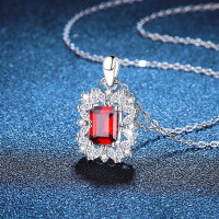 S925 Sterling Silver Moissanite Square Emerald Lab-Grown Ruby Sapphire Necklace-Cultured Ruby 6*8mm  925 Silver