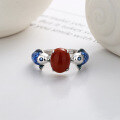 wholesale S925 Sterling Silver Antique Style Resin Enamel Koi Fish Ring Setting with Double Fish Grabbing Pearl Inlaid Southern Red Agate Openable Ring-0-1