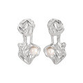 wholesale S925 sterling silver new small niche stylish ins asymmetrical textured ripple inlaid pearl convertible earrings-0-5