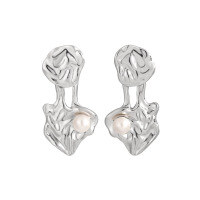 wholesale S925 sterling silver new small niche stylish ins asymmetrical textured ripple inlaid pearl convertible earrings-EB212/White Gold [with Silver Earrings]>925 Silver