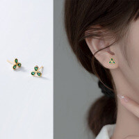 wholesale S925 Sterling Silver Korean Style Floral Earrings with Diamond Accents, Petite Three-Petal Flower Minimalist Earrings G7666-S925 Silver Earrings Gold 925 Silver