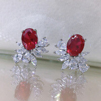 wholesale 925 Silver Zhu Zhifan Jewelry Geometric Pigeon Blood Red Earrings Oval 6*8 Niche Design Frosted Flower Ear Studs-E072 Red 925 Silver