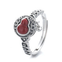 wholesale S925 silver antique-style aged coin six-syllable mantra carnelian gourd rotating design open ring-YJ1267M/approx. 4.6g>Adjustable opening