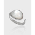 wholesale S925 Sterling Silver Original Niche Design Minimalist Elegant Geometric Oval Light Luxury Shell Stone Open Adjustable Ring for Women-0-0
