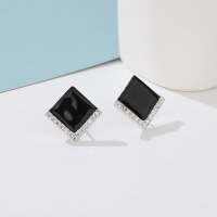 wholesale S925 Sterling Silver Geometric Diamond Black Earrings with Rhinestones, Minimalist Luxury Ins Style-Black earrings 925 silver