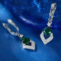 wholesale S925 Sterling Silver Emerald Rhombus Earrings, Luxe Vintage Elegant Banquet Geometric Drop Earrings-0-2