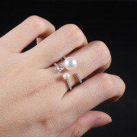 wholesale S925 Sterling Silver Natural Freshwater Pearl Adjustable Open Ring for Women, Fashionable and Elegant Gemstone Ring-Natural freshwater pearls + white zirconium  Adjustable opening