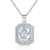 wholesale 925 Sterling Silver Women's Wholesale European and American Style Fashion Rectangle Zircon Square Pendant Choker Necklace-Platinum 925 silver