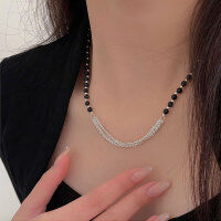 wholesale S925 Sterling Silver Natural Black Agate Tassel Necklace for Women, Korean Stall Goods, Xiaohongshu Viral Collarbone Chain-Natural black agate + pure silver (40+5CM)