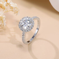 wholesale S925 Sterling Silver Plated with 18K Gold, Luxury Princess Round Halo Moissanite Ring for Women, Fashion Moissanite Engagement Ring-1.0 carat Hong Kong 15 (US 7)