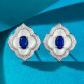 wholesale S925 Sterling Silver New Jewelry Simple 4*6 Simulated Sapphire Oval Earrings Fashion Vintage Elegance-0-0